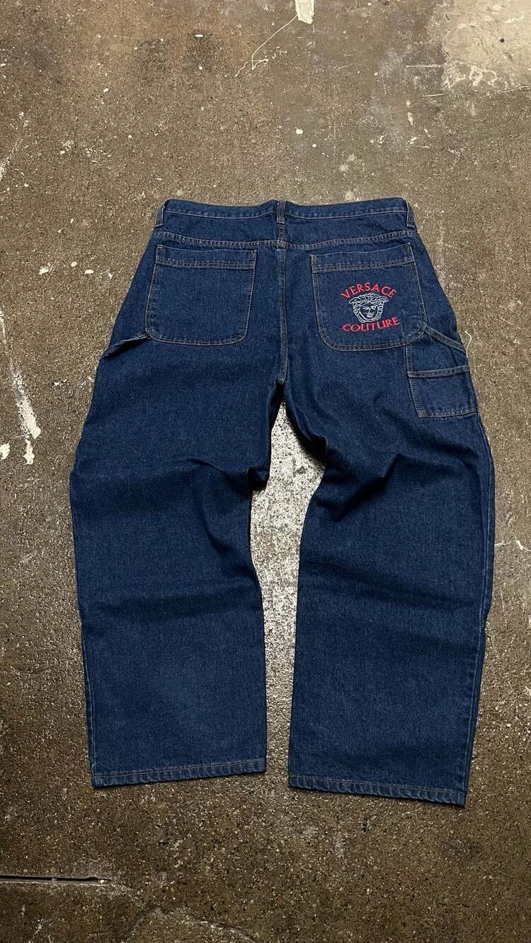 Vintage Versace Couture Medusa Logo Embroidered Dark Wash Denim Carpenter Jeans